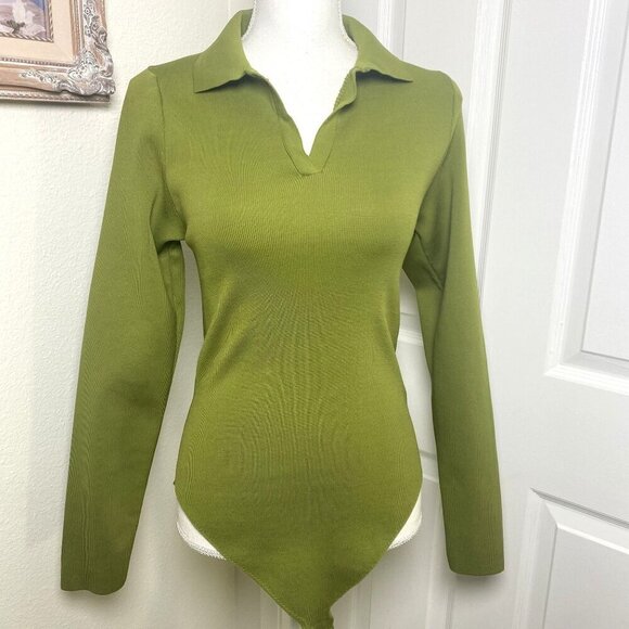 Anthropologie Arden Collared Ribbed Bodysuit Jewel Tone Green Size Medium NWOT - Picture 2 of 12